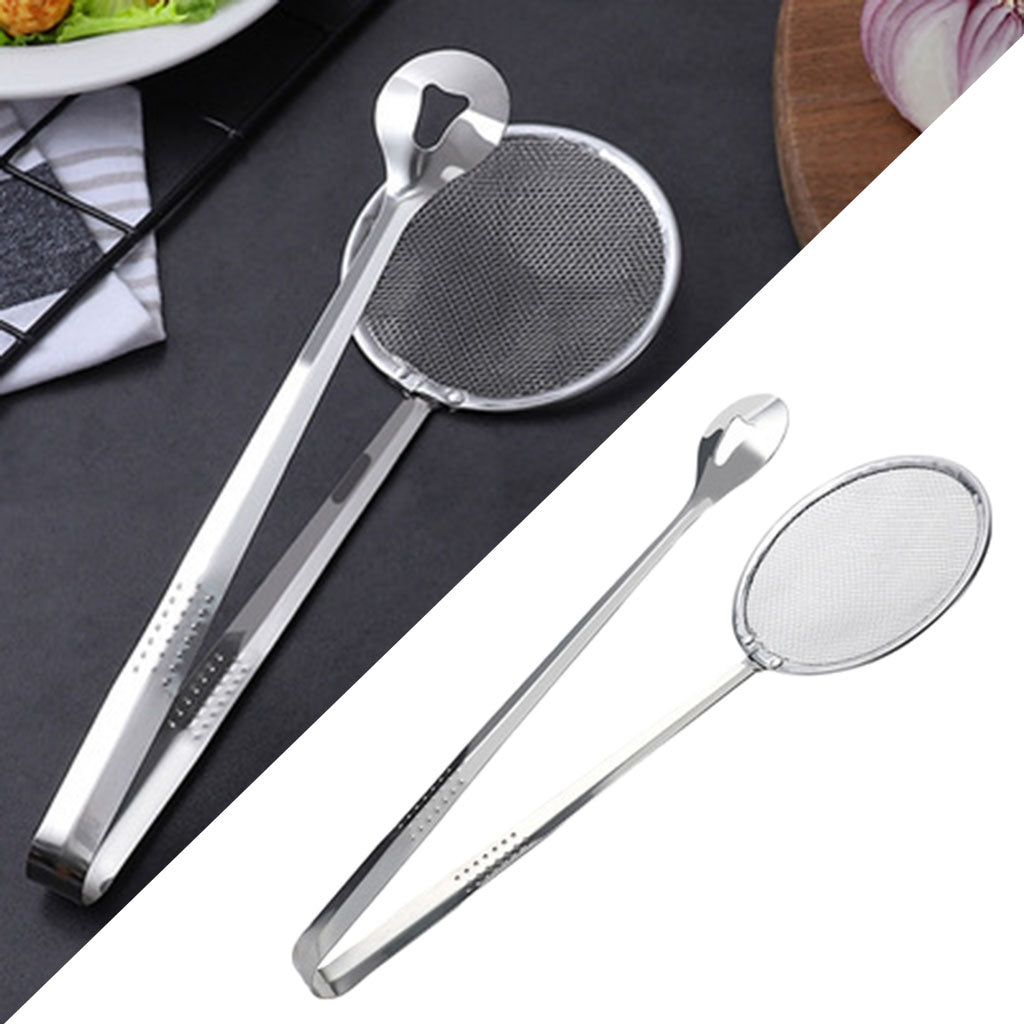 Stainless steel strainer tongs, two views