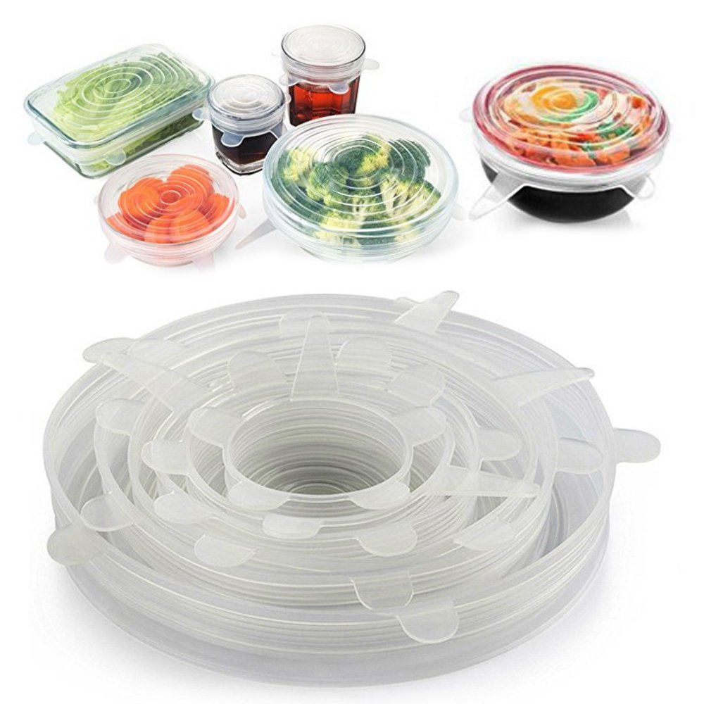 Stacked silicone stretch lids on containers