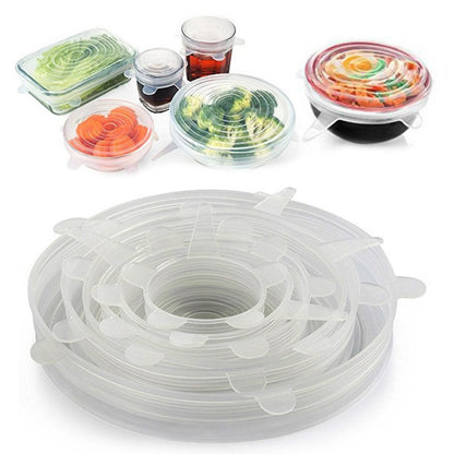 Stacked silicone stretch lids on containers