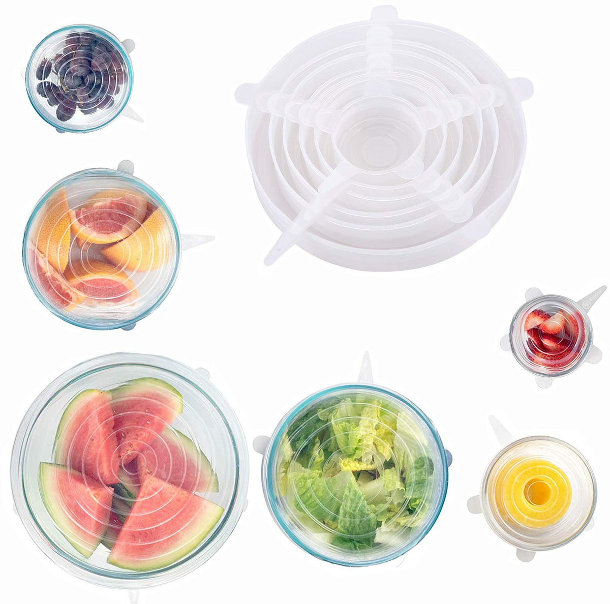 Silicone stretch lids on bowls and fruit