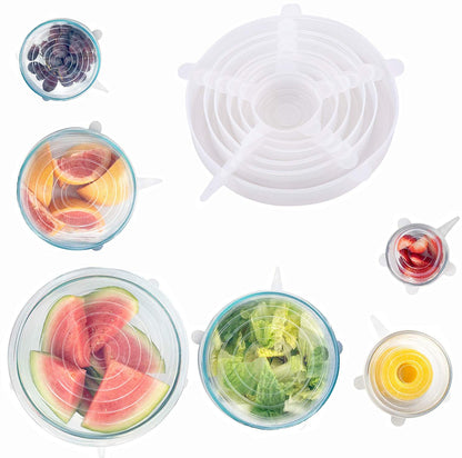 Silicone stretch lids on bowls and fruit