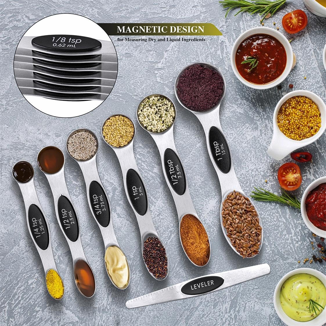 Magnetic measuring spoons set with leveler and labels