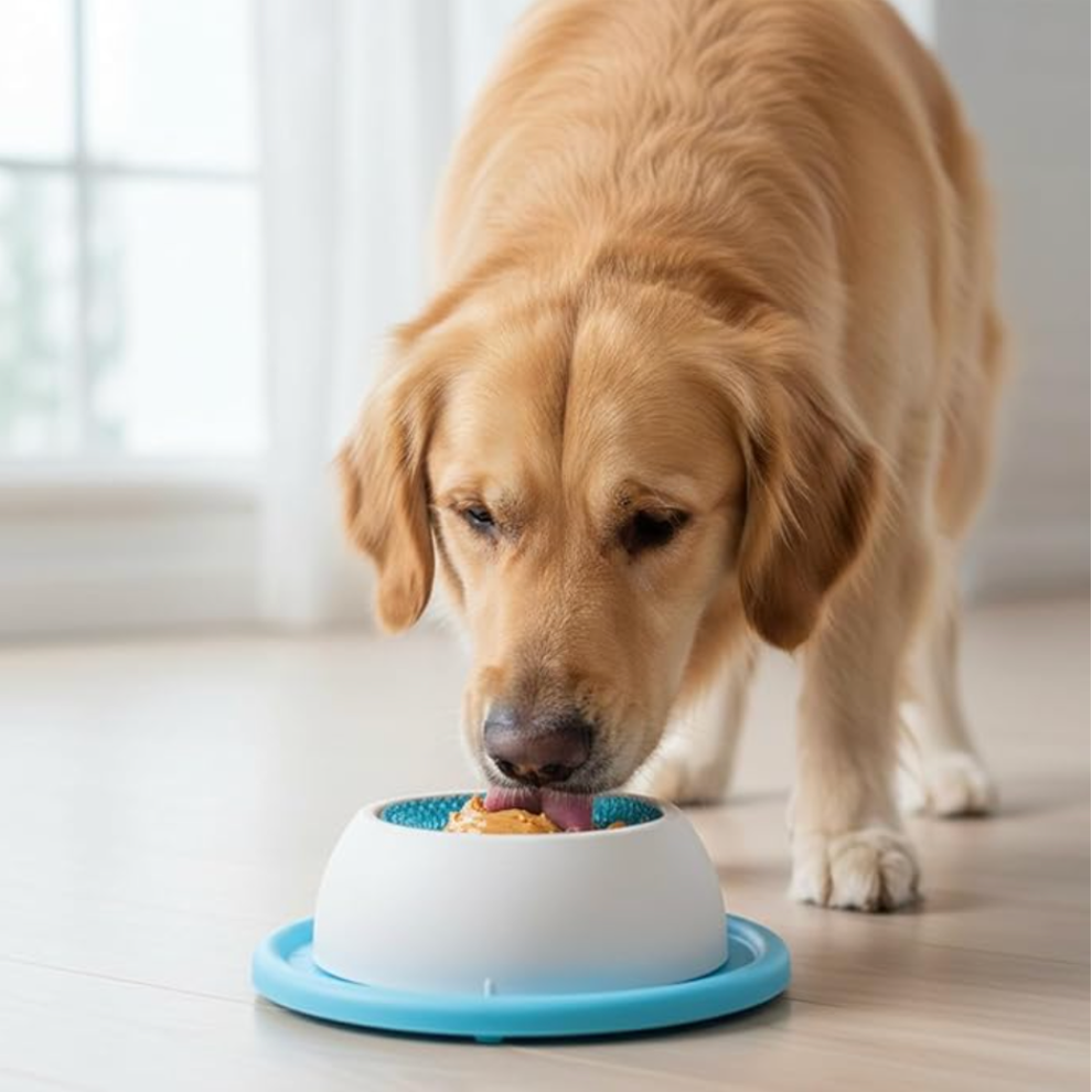 Golden retriever licking from bowl