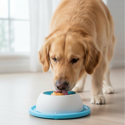 Golden retriever licking from bowl