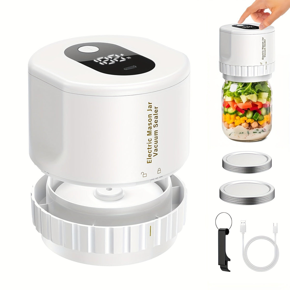 Electric mason jar vacuum sealer on jar with salad