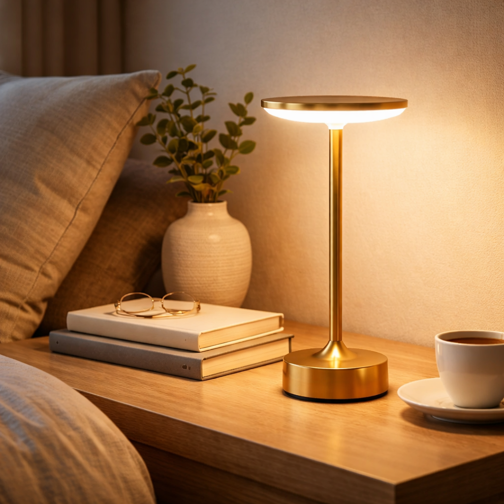 Gold tap lamp glowing on bedside table