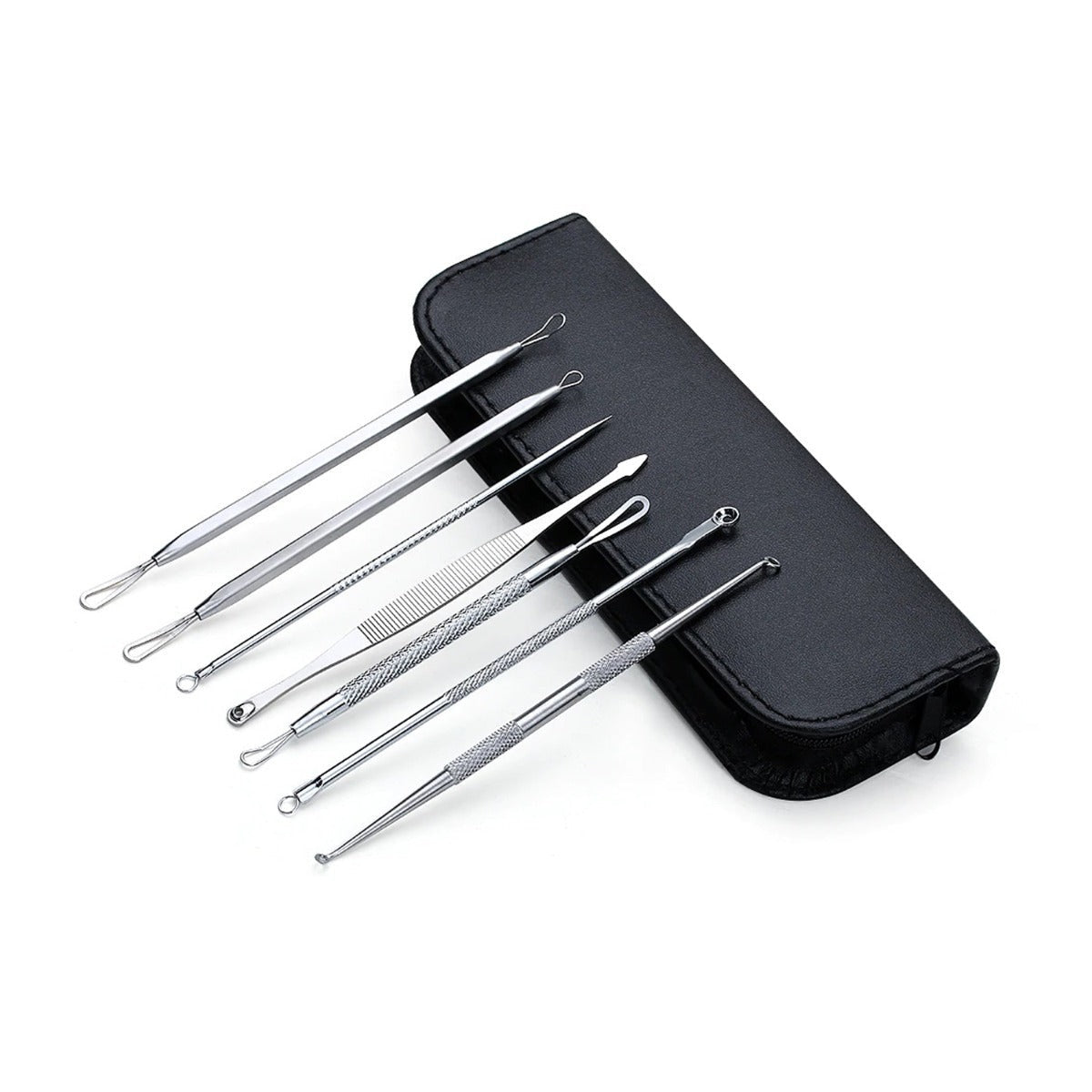 7 stainless tools laid out with black zip case