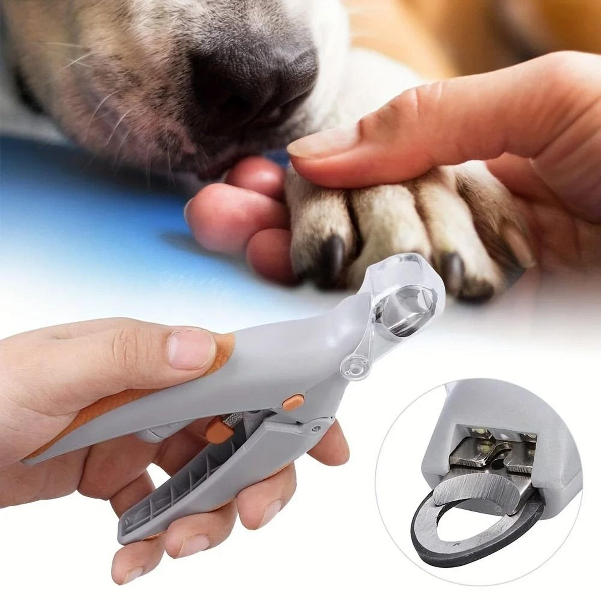 Gray LED clipper with magnifier in hand